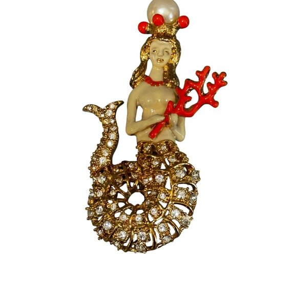 Hutton Wilkinson Mermaid Brooch Swarovski Crystal Red Coral Crown 3" 1990s Signe - Picture 1 of 10